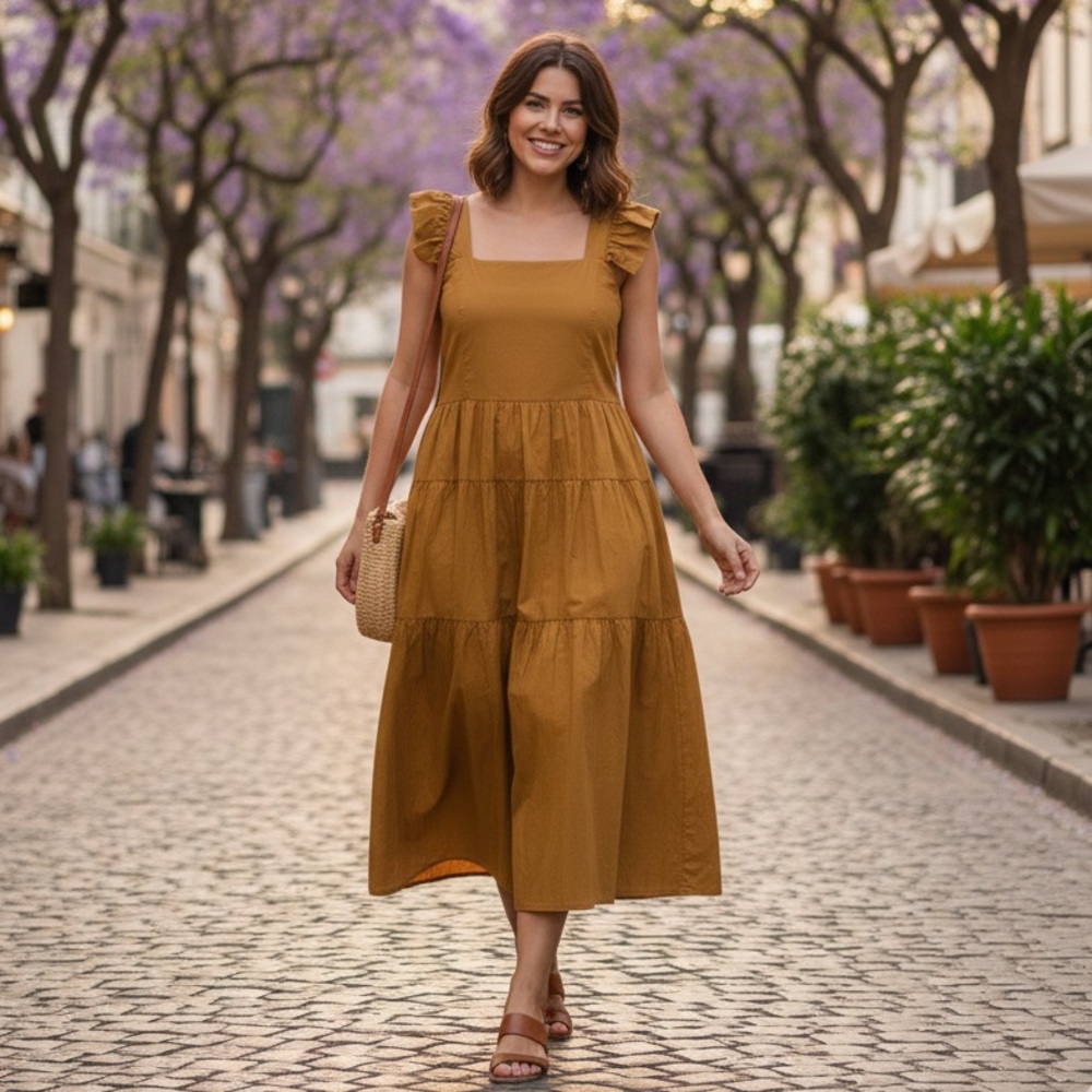 Chic Mustard Midi Dress with Ruffle Straps